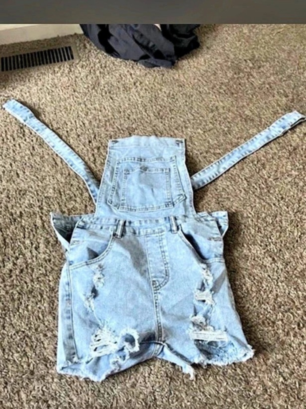 Distressed Denim Short Overalls in Blue